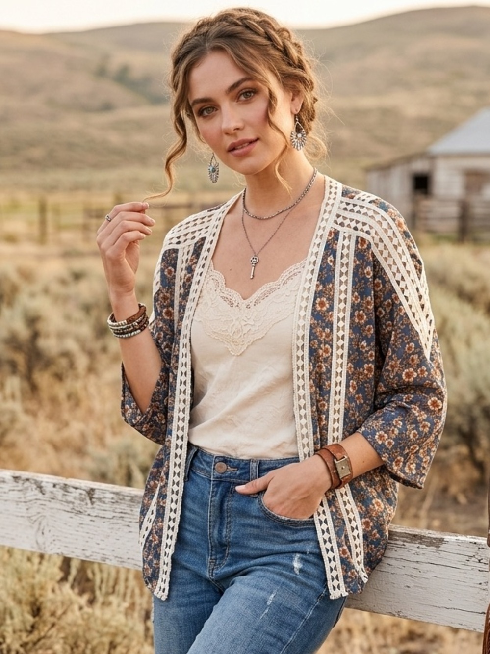 EMBER Western Romantic Ditsy Floral Crochet Lace Accent Kimono Small EUC